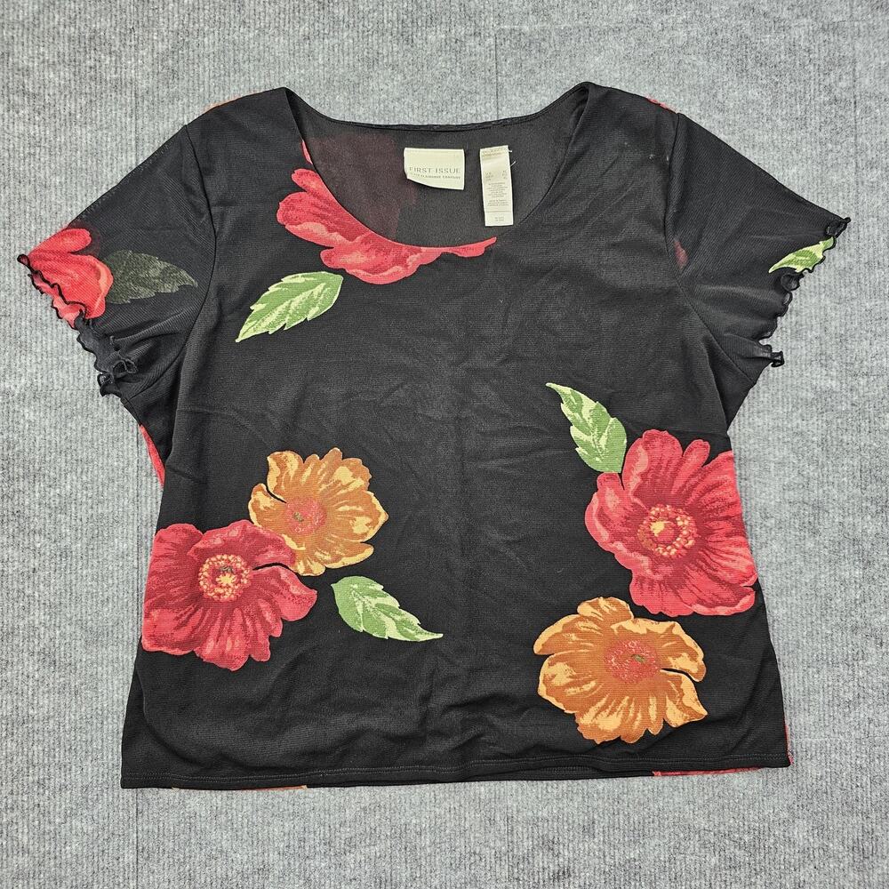 Vintage First Issue Shirt Womens XL Floral Mesh Y2K Large Print Nylon 90s Preppy